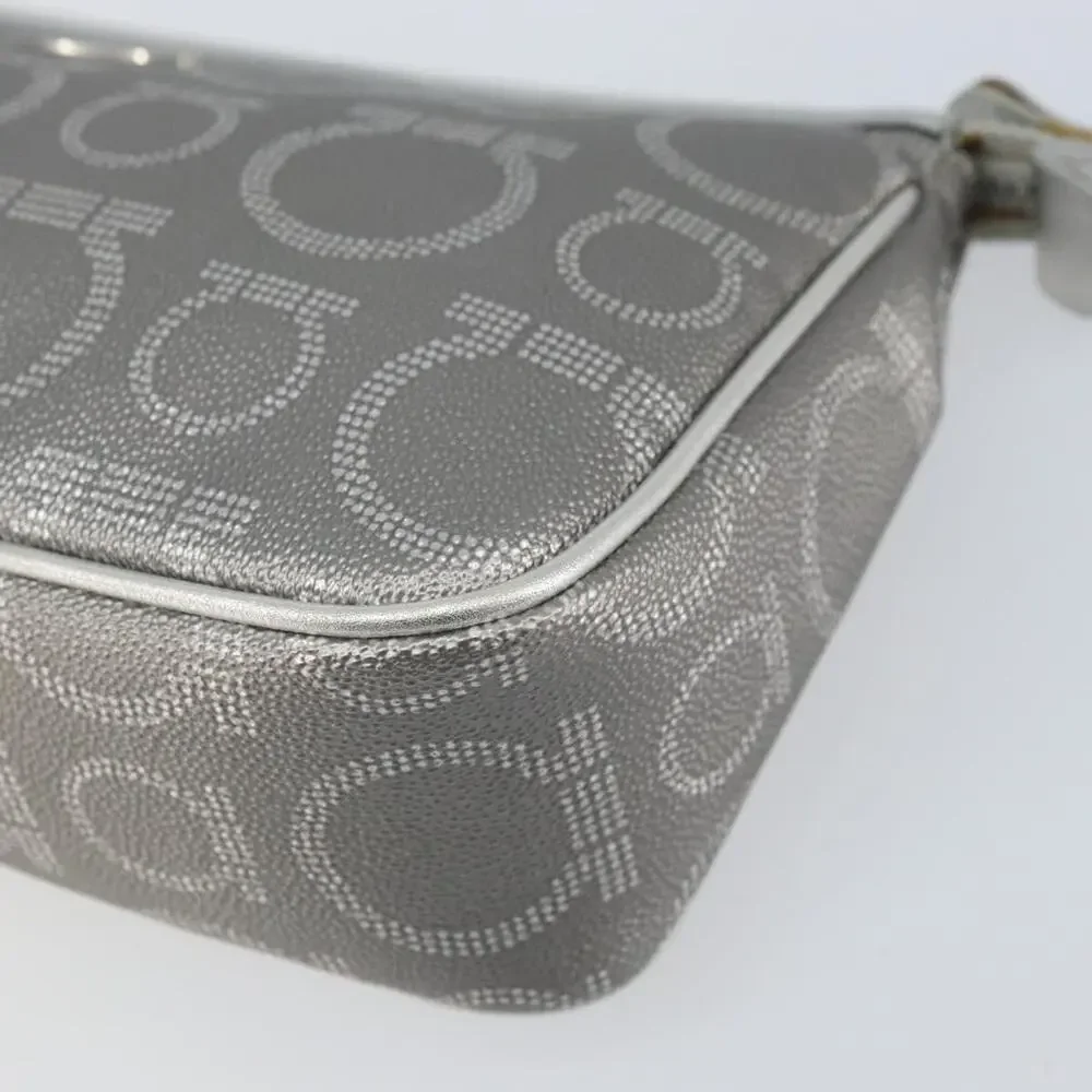 Salvatore Ferragamo Leather Coated Canvas Hand Pouch Silver